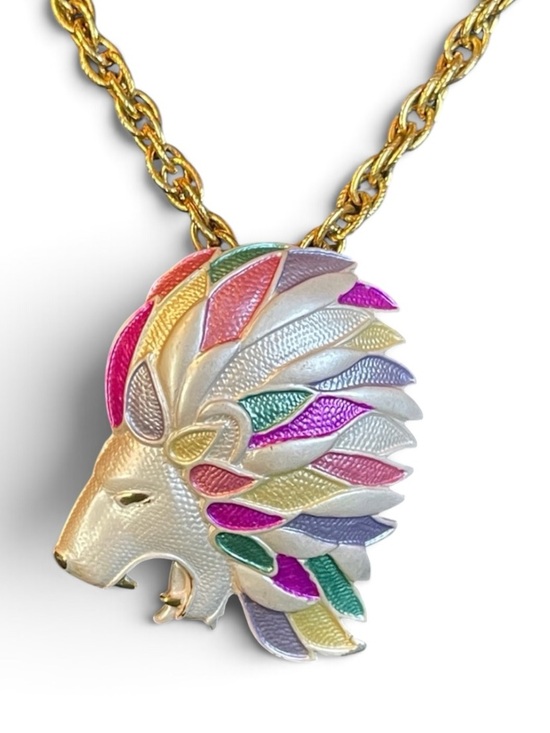 Vintage Jewelry - Vintage HMS Madeira Collection Pastel Roaring Lion Brooch Pendant Necklace